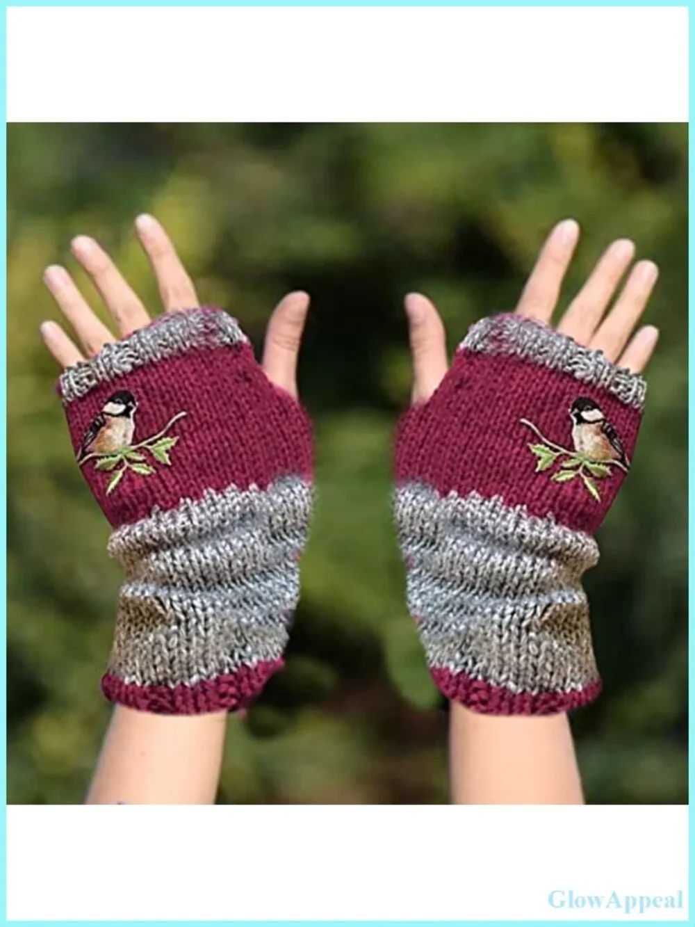 Vintage Knitted Fingerless Gloves with Bird Embroidery, Acrylic Warm Winter